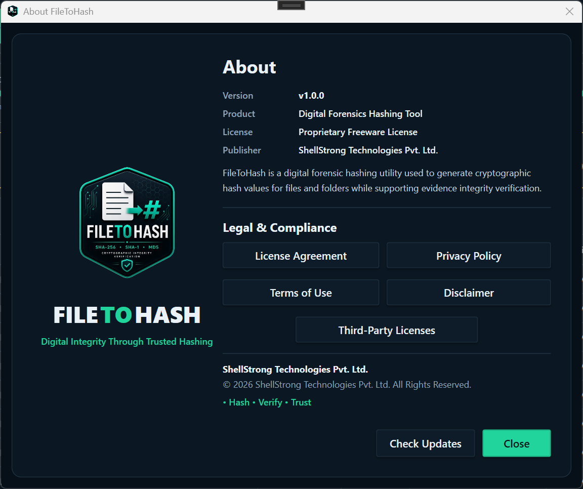 FileToHash About and legal documents panel