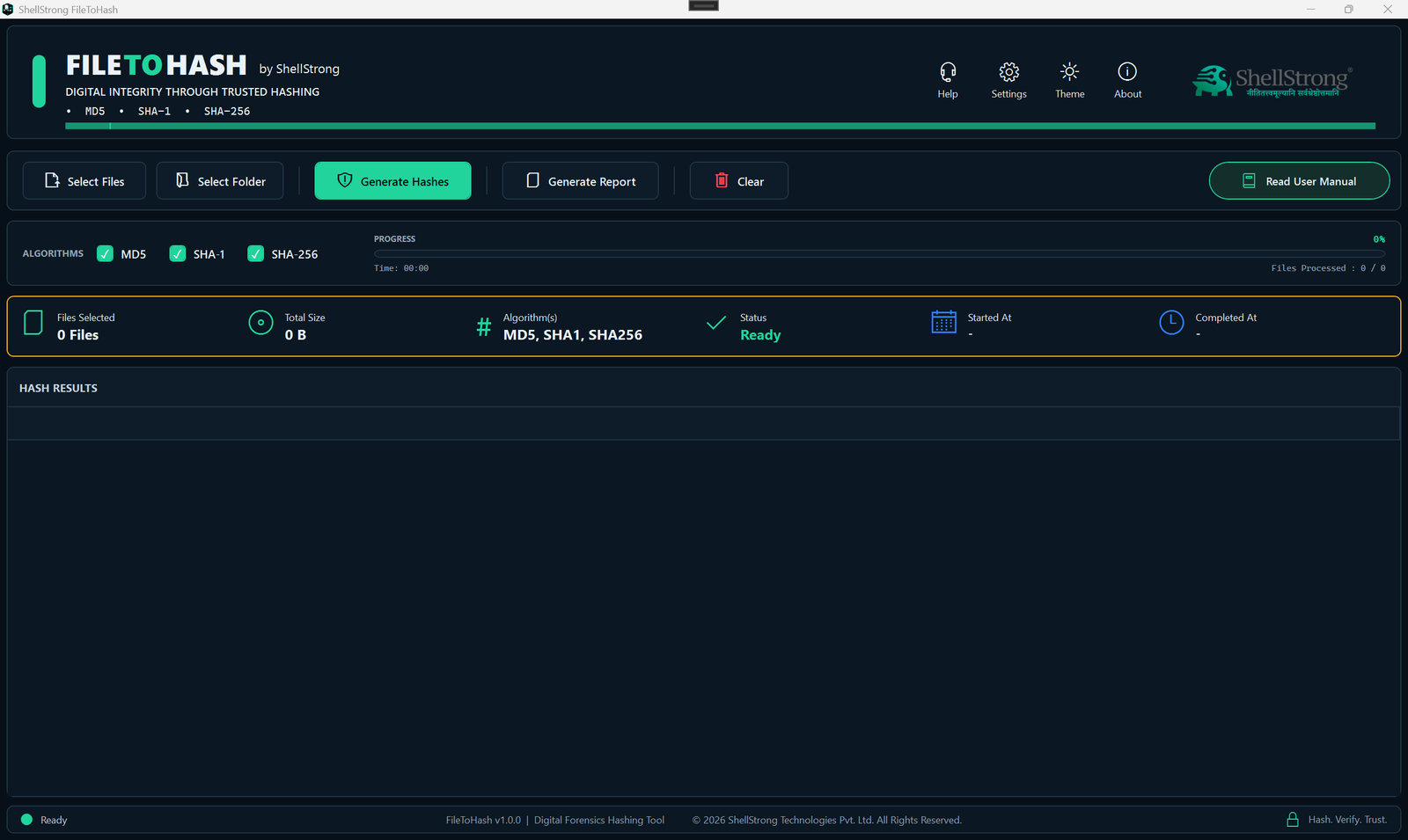 FileToHash dashboard showing recent hashing sessions