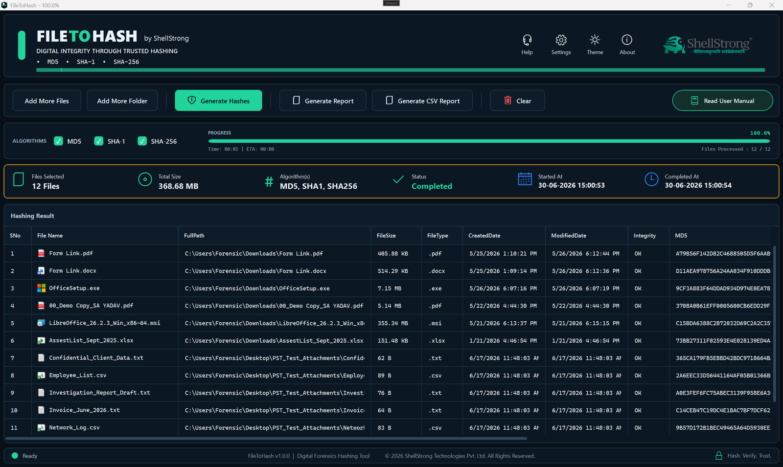 FileToHash hashing results list with digest values